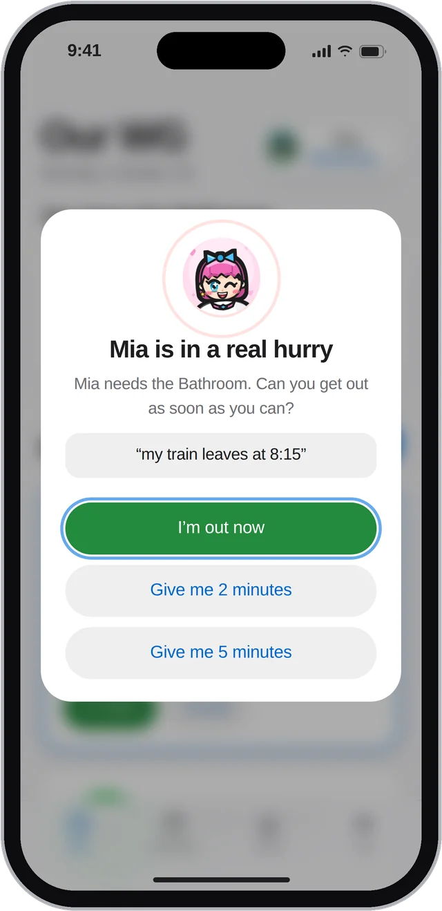 Mia is in a real hurry and needs the bathroom.
