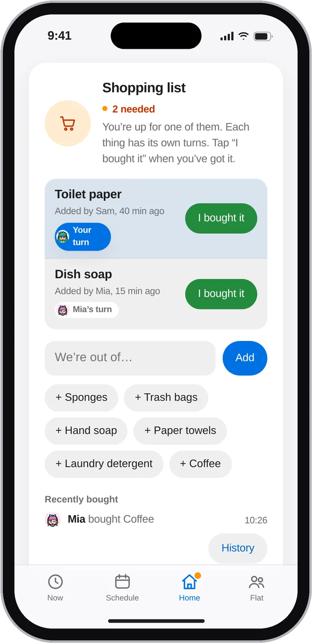 The shopping list with toilet paper and dish soap.